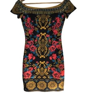Jealous Tomato black with red roses floral body-con scuba mini dress size SM